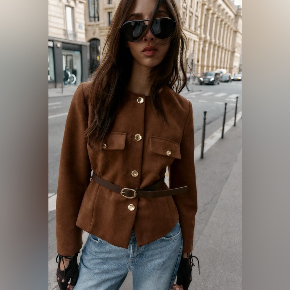 Zara NWT Brown Tan Gold Details & Belt Loops Suede Blazer  (Size Small)